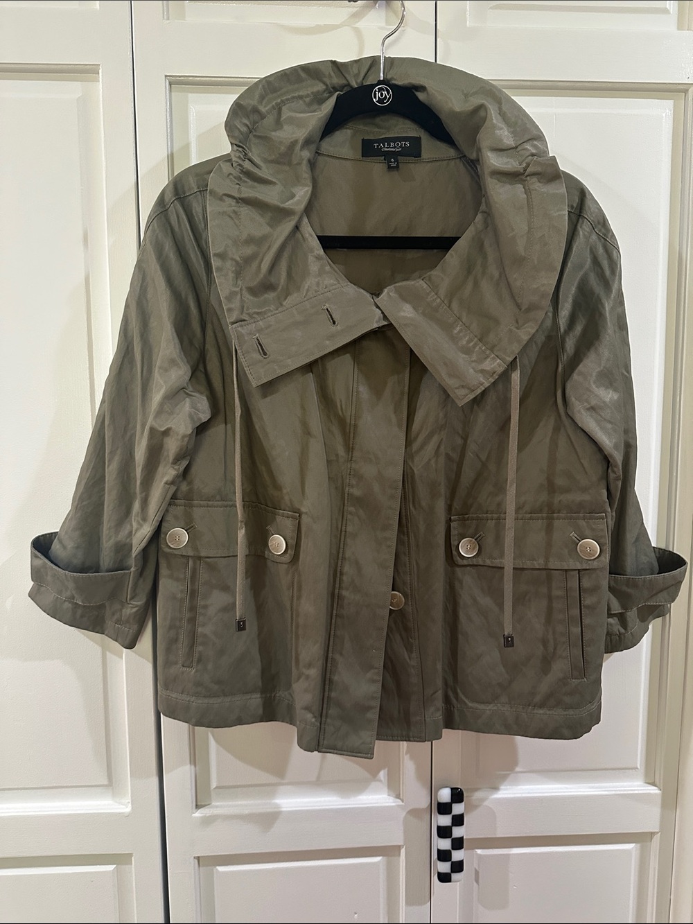 Talbots Olive Green Cowl Neck Drawstring Cropped Utility Coat, Size 6